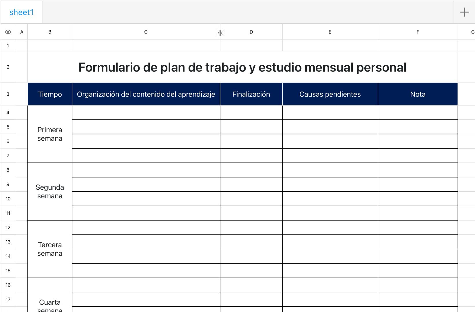Formulario de plan de trabajo y estudio mensual personal